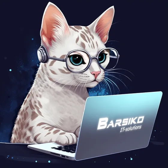 Barsiko cat mascot working on a laptop